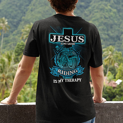 Alternative view of Jesus Is My Savior Riding Is My Therapy Print on Back Plain Front T-Shirt - Christian Cross Motorcycle Shirt