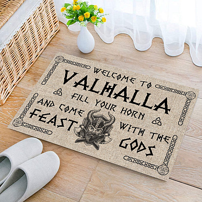 Alternative view of Welcome to Valhalla Fill Your Horn Viking Outdoor Indoor Doormat - Viking Rug Door Mat Housewarming Gift