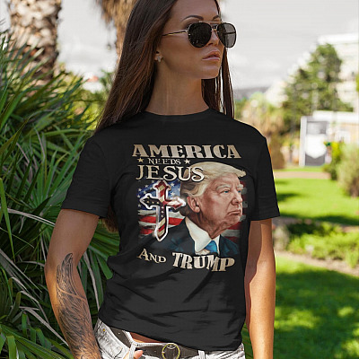 Alternative view of America Needs Jesus and Trump American Flag T-Shirt - Trump Supporter Christian Shirt