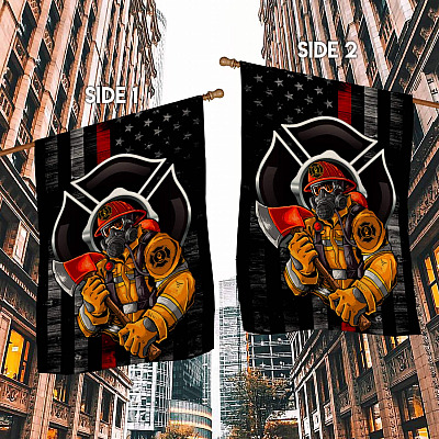 Alternative view of Firefighters With Gear Thin Red Line American Flag - Fireman Garden Flag - House Flag - Wall Flag