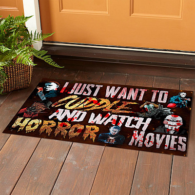 Alternative view of I Just Want To Cuddle And Watch Horror Movies Indoor Outdoor Doormat - Horror Friends Halloween Doormat