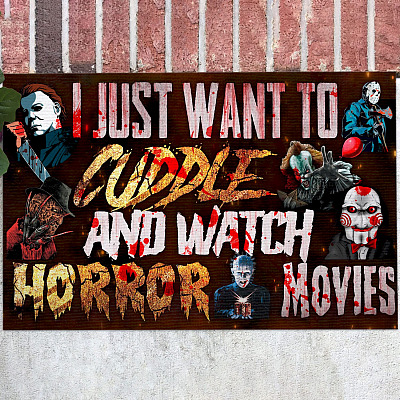 I Just Want To Cuddle And Watch Horror Movies Indoor Outdoor Doormat - Horror Friends Halloween Doormat