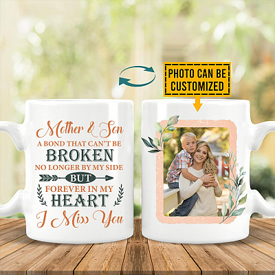 Personalized Photo Mother and Son A Bond That Can't Be Broken Double-Sided Ceramic Coffee Mug - Beer Stein