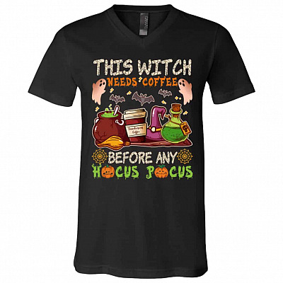 This Witch Needs Coffee Tshirt, Black, V-Neck T-Shirt