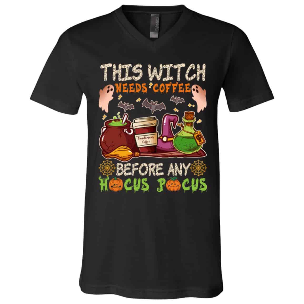 This Witch Needs Coffee Tshirt, Black, V-Neck T-Shirt