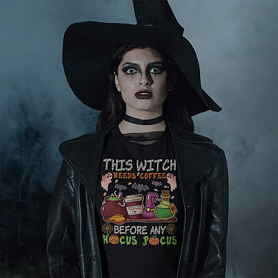 Alternative view of This Witch Needs Coffee Before Any Hocus Pocus T-shirt - V-neck Tee - Funny Halloween Coffee Lover Gifts
