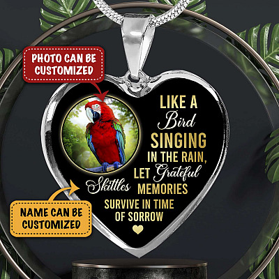 Alternative view of Personalized Parrot Photo Like A Bird Singing In The Rain Heart Pendant Necklace - Memorial Pet Custom Photo Gift