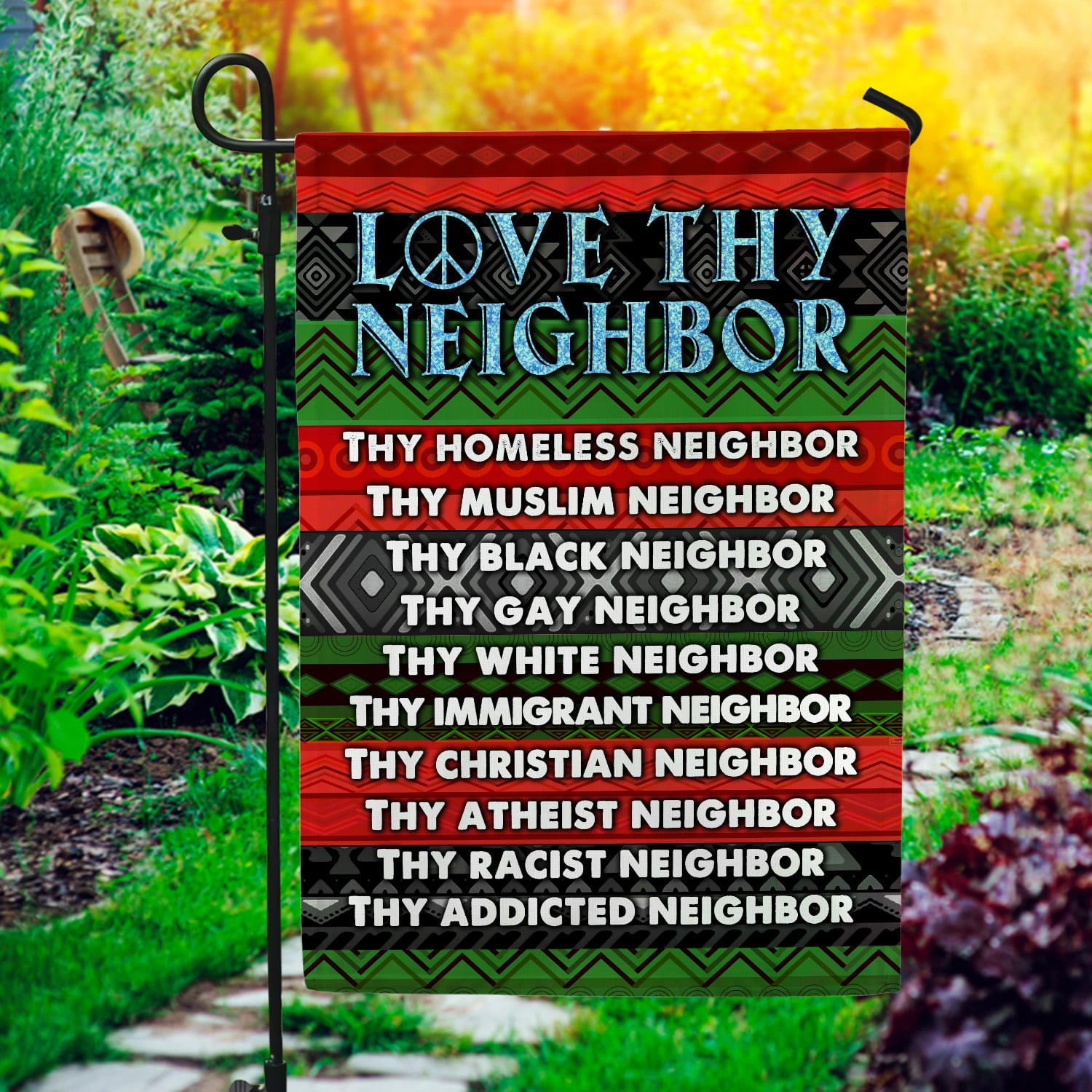 2KNG. Love Thy Neighbor 30x40 Garden Flag Mockup 1
