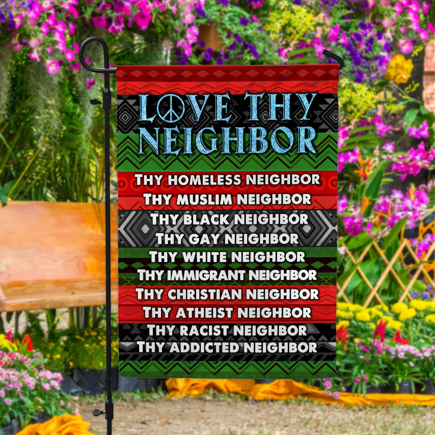 2KNG. Love Thy Neighbor 30x40 Garden Flag Mockup 4