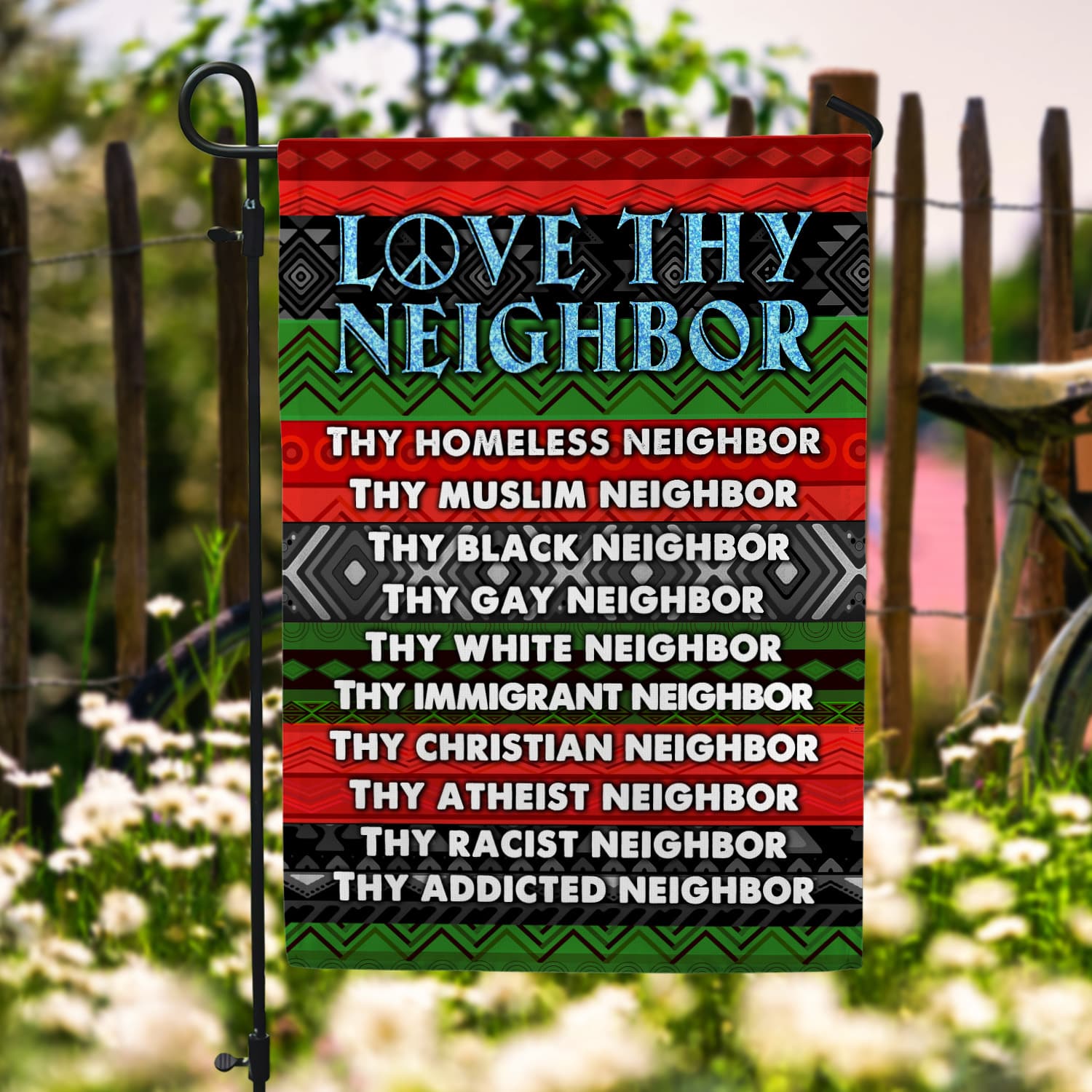 2KNG. Love Thy Neighbor 30x40 Garden Flag Mockup 6