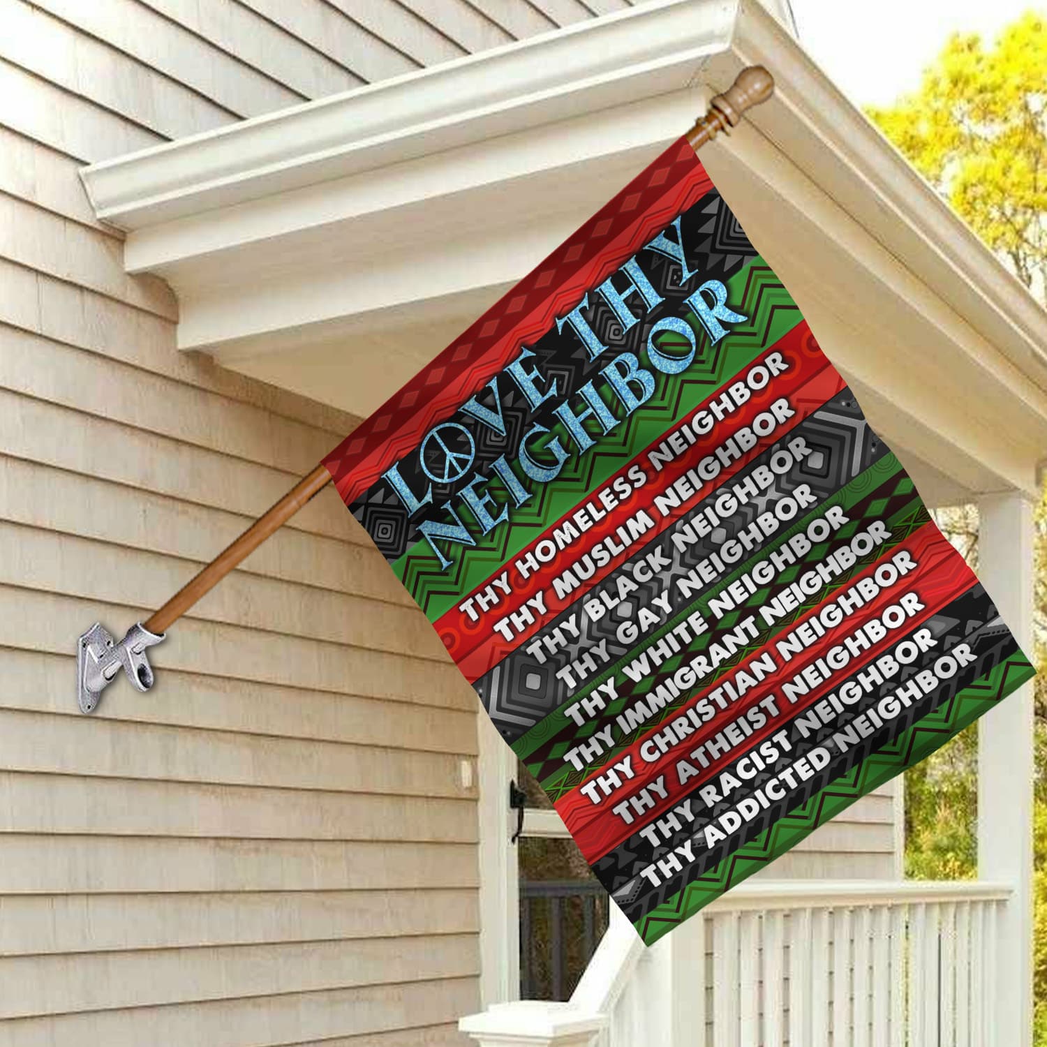 2KNG. Love Thy Neighbor 30x40 House Flag Mockup 2