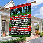 2KNG. Love Thy Neighbor 30x40 House Flag Mockup 3