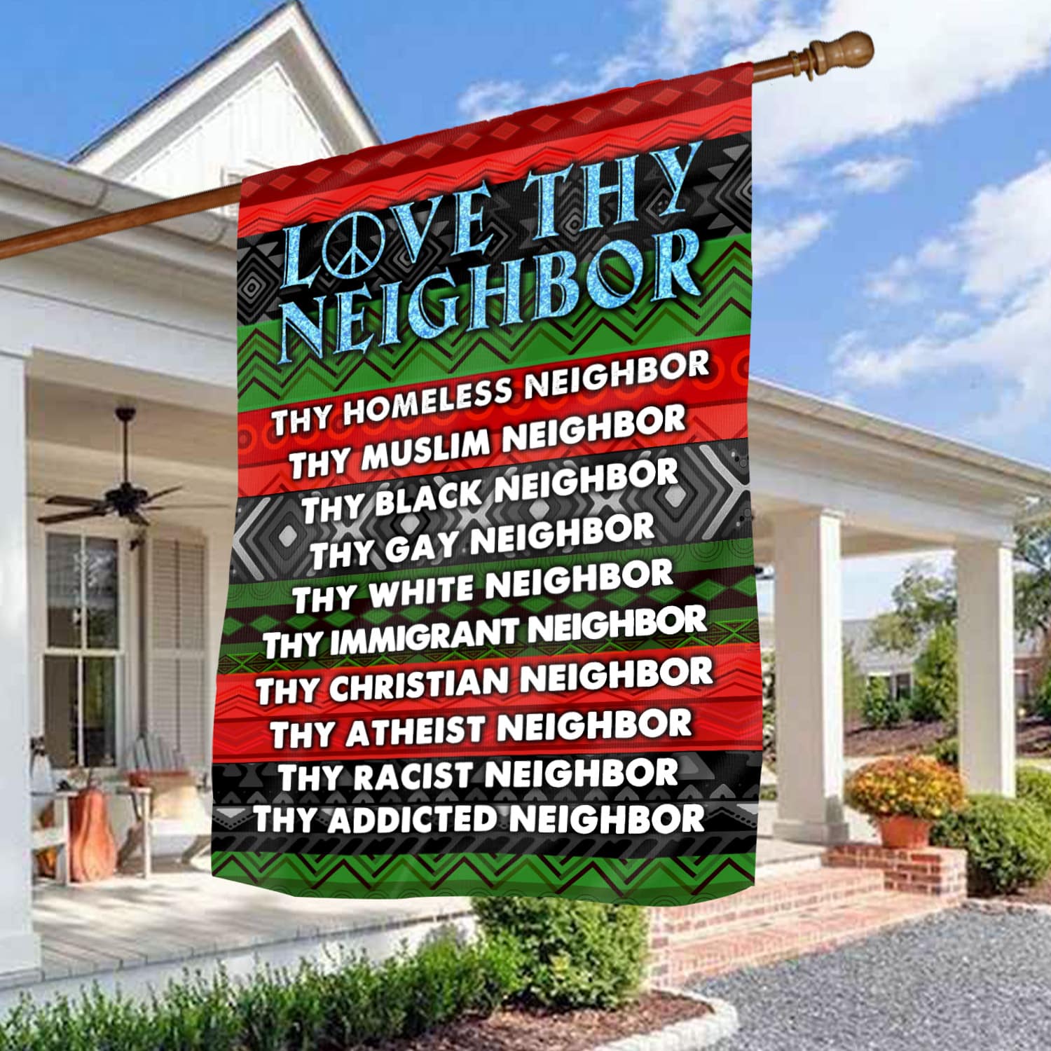 2KNG. Love Thy Neighbor 30x40 House Flag Mockup 3