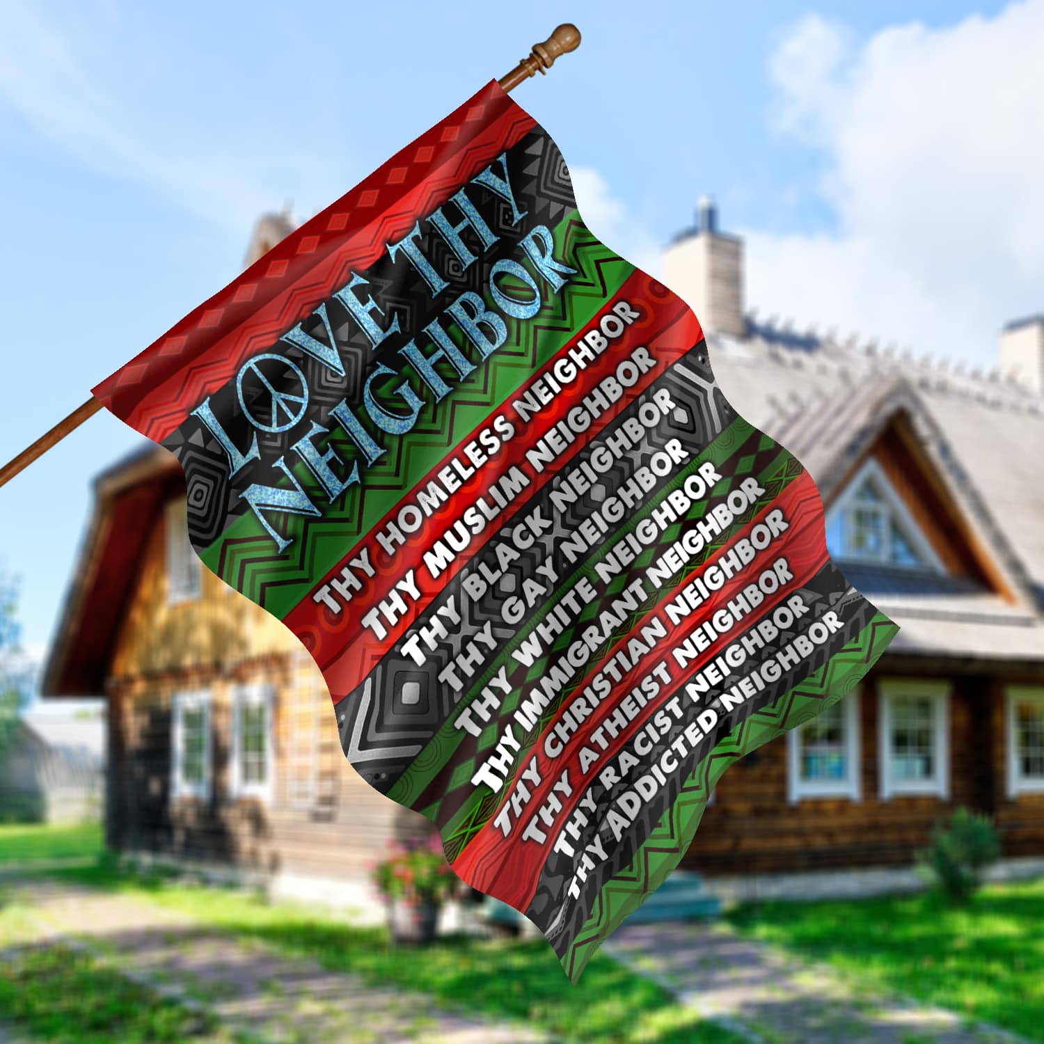 2KNG. Love Thy Neighbor 30x40 House Flag Mockup 5