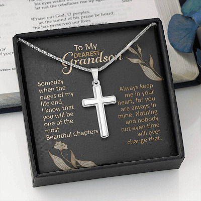 To My Dearest Grandson Someday When The Pages Of My Life End Artisan Crafted Cross Necklace-Grandson Necklace Gift