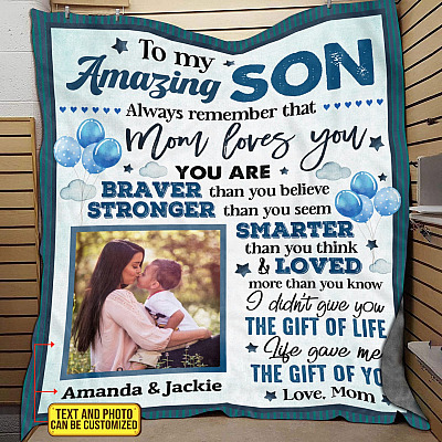 Personalized Photo To My Amazing Son Always Remember That Mom Loves You Fleece Blanket - Mink Sherpa Blanket
