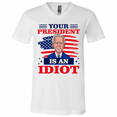 Biden Idiot tee, White, V-Neck T-Shirt