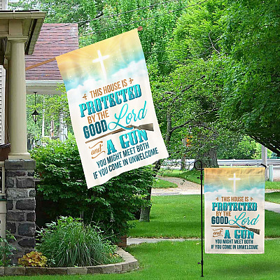 Alternative view of This House Is Protected with A Good Lord and A Gun You Come in Unwelcome Garden Flag - House Flag