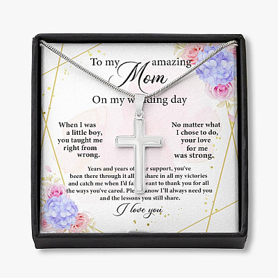 To My Amazing Mom on My Wedding Day Cross Pendant Necklace - Artisan Crafted Cross Necklace