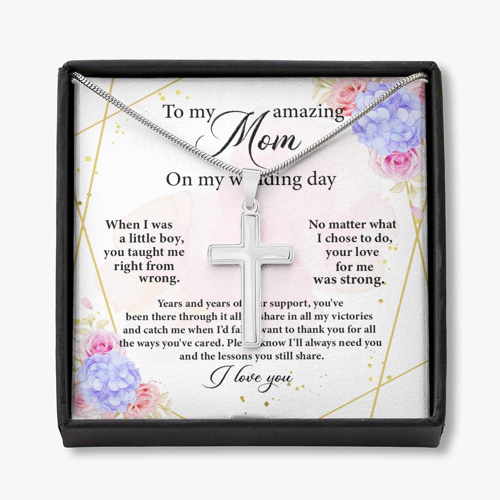 To My Amazing Mom on My Wedding Day Cross Pendant Necklace - Artisan Crafted Cross Necklace