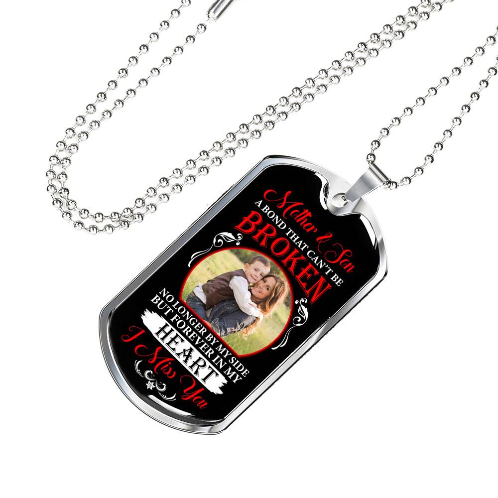 Personalized Photo Mother and Son a Bond that Can't Be Broken Dog Tag Pendant Necklace