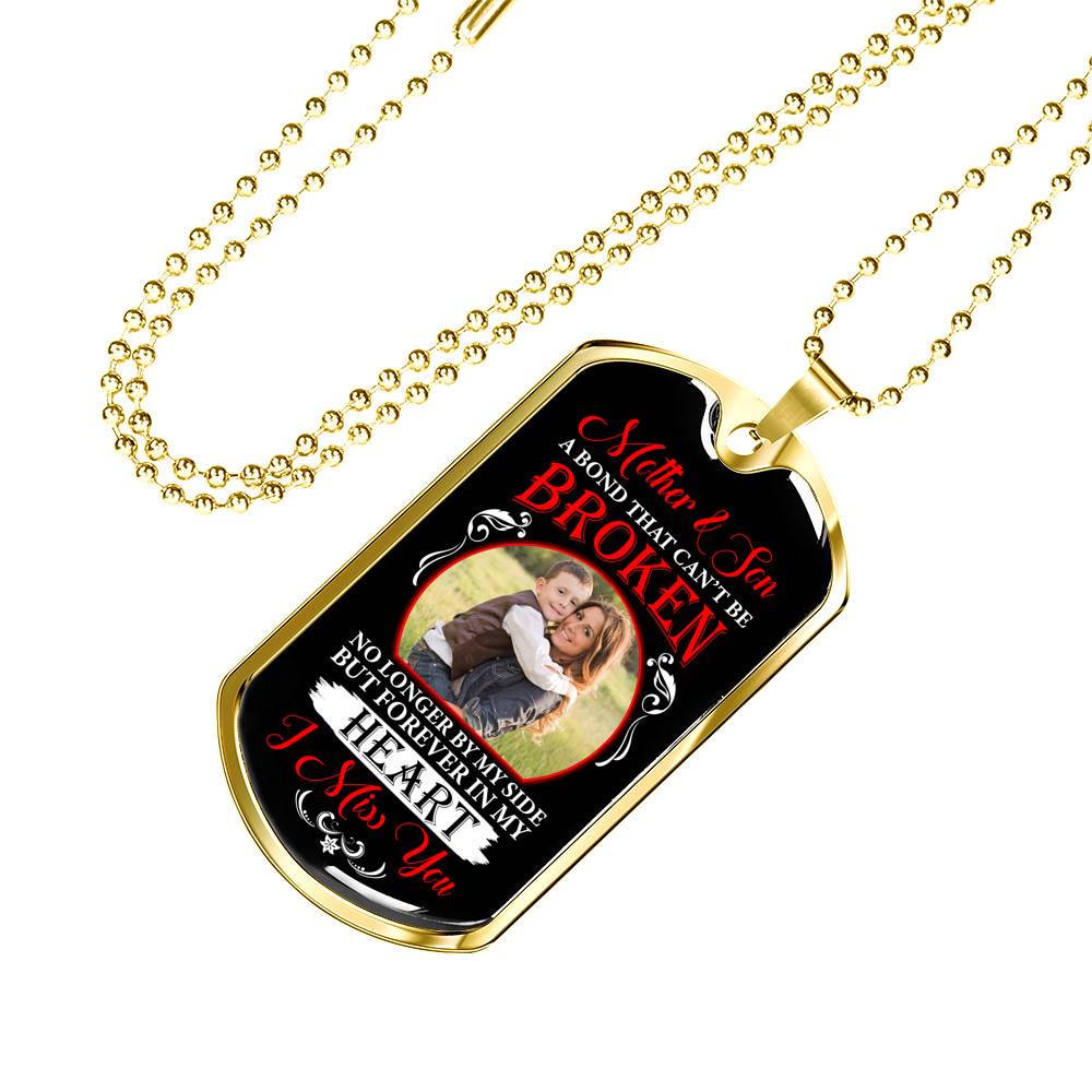 Personalized Photo Mother and Son a Bond that Can't Be Broken Dog Tag Pendant Necklace