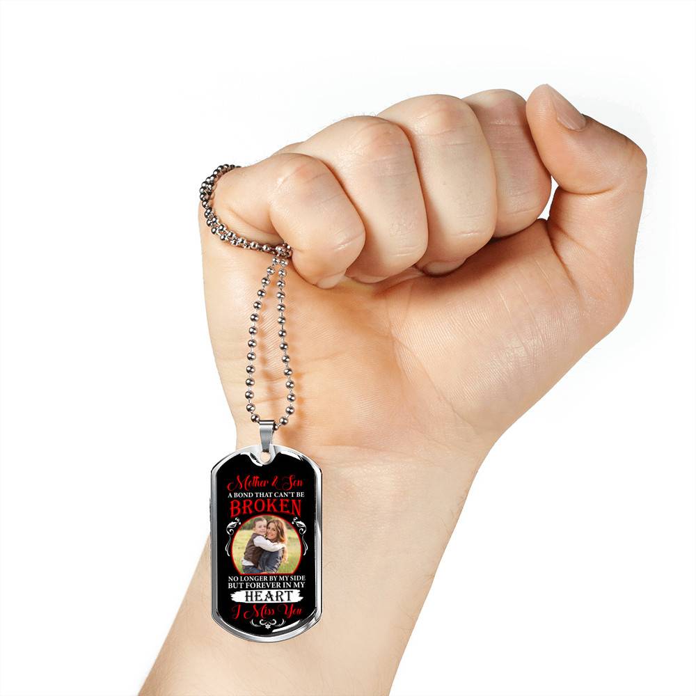 Personalized Photo Mother and Son a Bond that Can't Be Broken Dog Tag Pendant Necklace