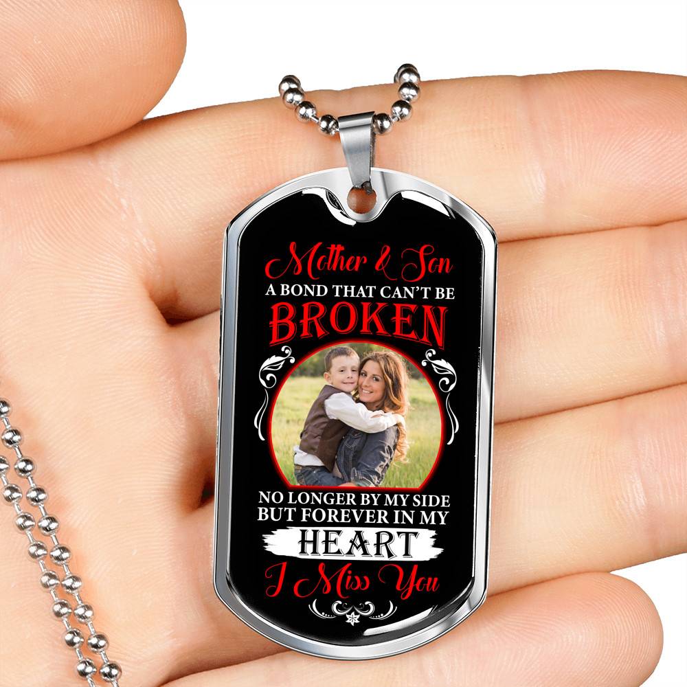 Personalized Photo Mother and Son a Bond that Can't Be Broken Dog Tag Pendant Necklace