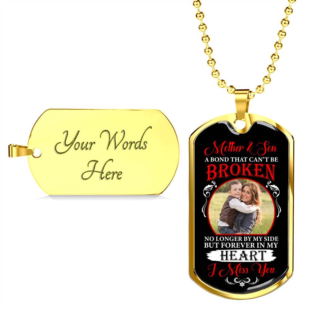 Personalized Photo Mother and Son a Bond that Can't Be Broken Dog Tag Pendant Necklace