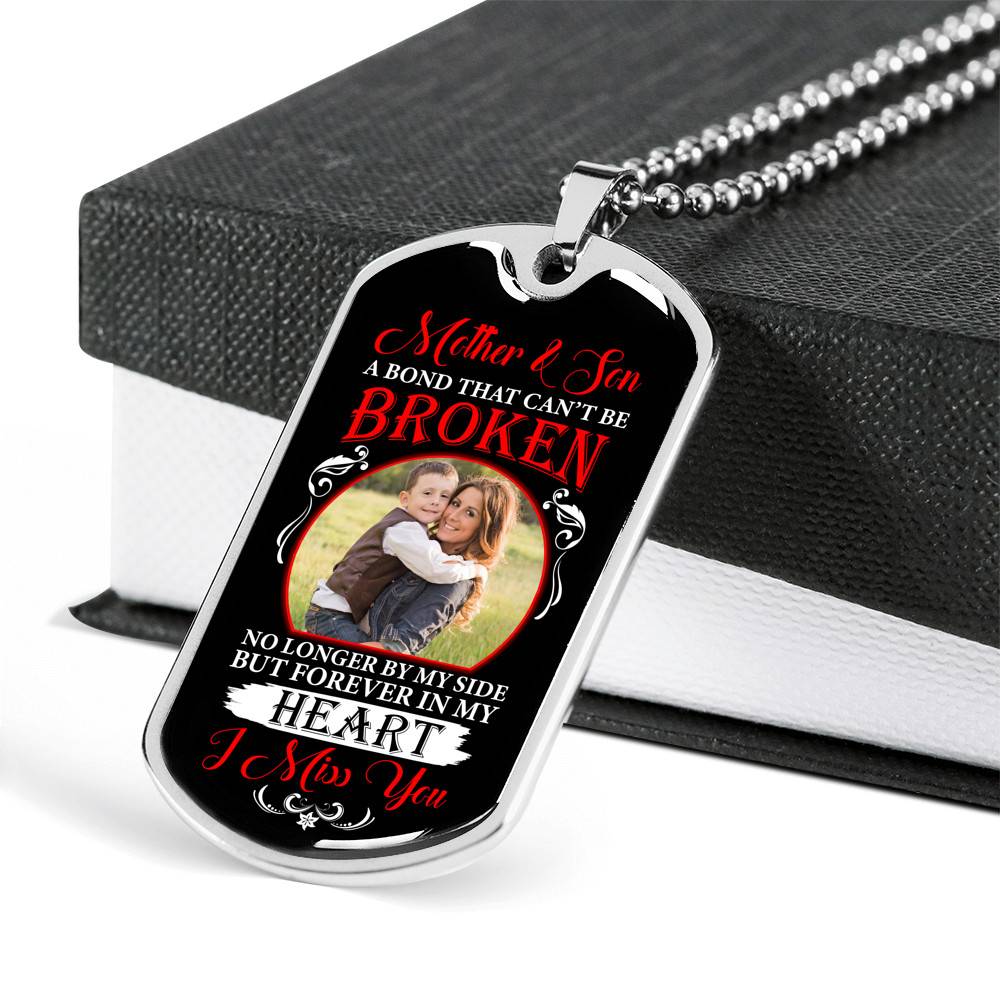 Personalized Photo Mother and Son a Bond that Can't Be Broken Dog Tag Pendant Necklace