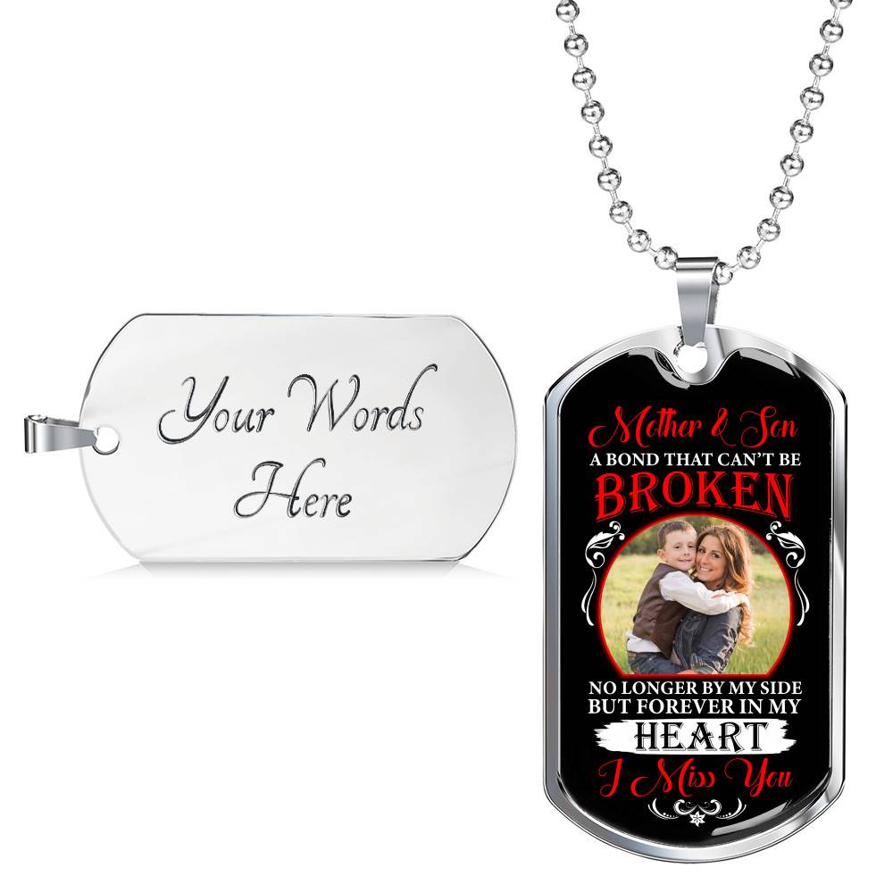 Personalized Photo Mother and Son a Bond that Can't Be Broken Dog Tag Pendant Necklace