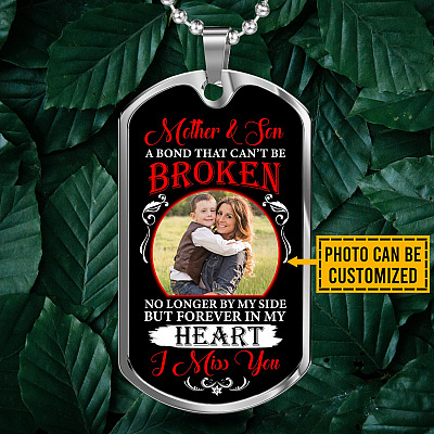 Personalized Photo Mother and Son a Bond that Can't Be Broken Dog Tag Pendant Necklace