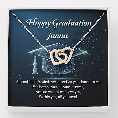 Personalized Name Happy Graduation Be Confident In Whatever Direction Interlocking Hearts Pendant Necklace - Interlocking Hearts Necklace