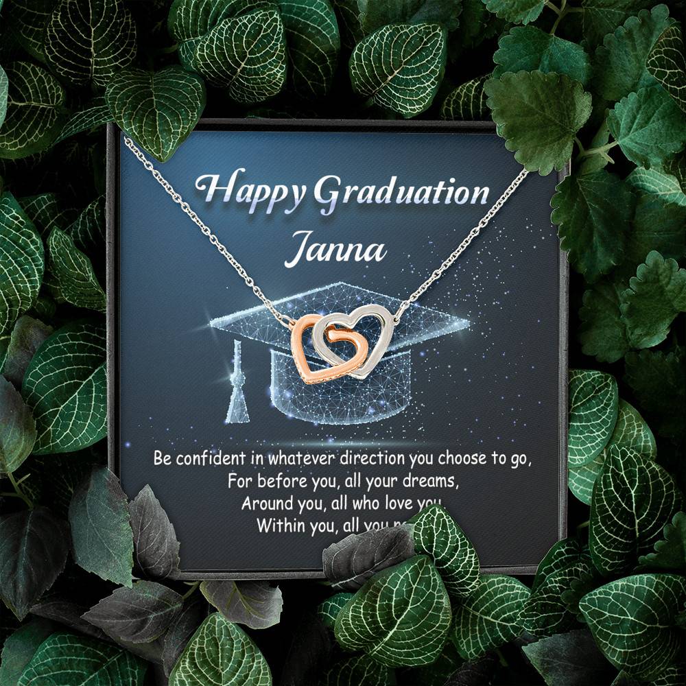 Personalized Name Happy Graduation Be Confident In Whatever Direction Interlocking Hearts Pendant Necklace