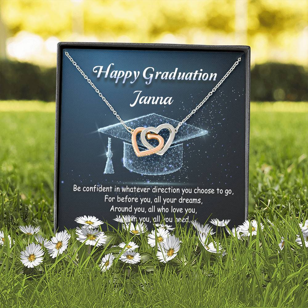 Personalized Name Happy Graduation Be Confident In Whatever Direction Interlocking Hearts Pendant Necklace