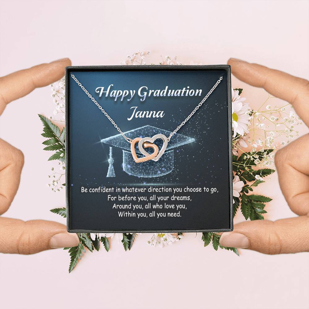 Personalized Name Happy Graduation Be Confident In Whatever Direction Interlocking Hearts Pendant Necklace