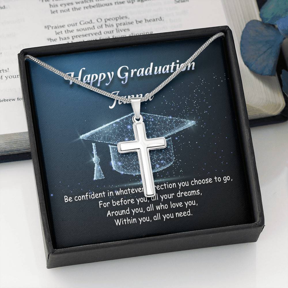 Personalized Name Happy Graduation Be Confident In Whatever Direction Cross Pendant Necklace