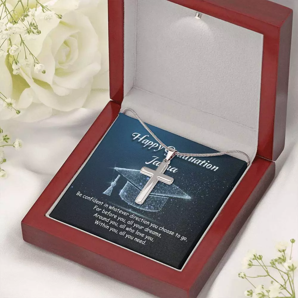 Personalized Name Happy Graduation Be Confident In Whatever Direction Cross Pendant Necklace
