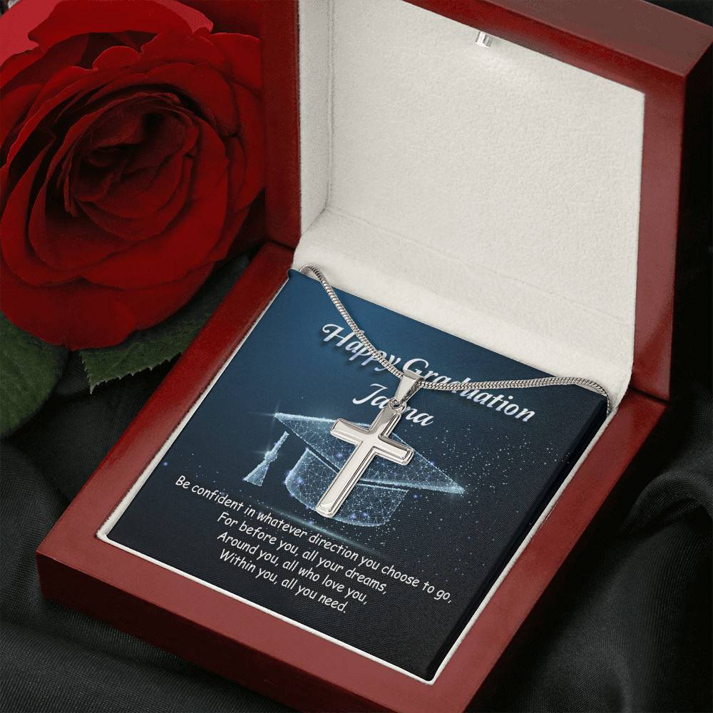 Personalized Name Happy Graduation Be Confident In Whatever Direction Cross Pendant Necklace