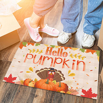Hello Pumpkin Outdoor Indoor Doormat - Seasonal Fall Harvest Thanksgiving Halloween Door Mat Welcome Rug