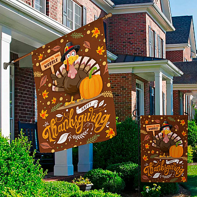 Alternative view of Happy Thanksgiving Outdoor Indoor Decorative Garden Flag - House Flag - Wall Flag - Thanksgiving Turkey Flag