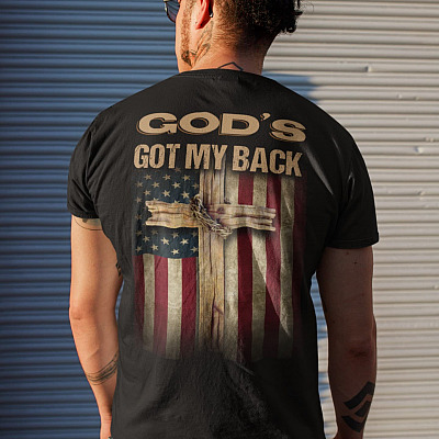 Alternative view of Crown Of Thorns Cross God's Got My Back American Flag Print On Back Only - Plain Front T-Shirt