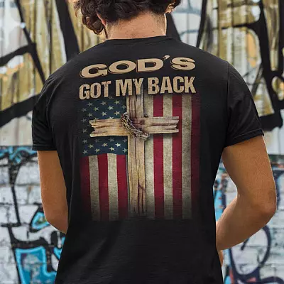Crown Of Thorns Cross God's Got My Back American Flag Print On Back Only - Plain Front T-Shirt