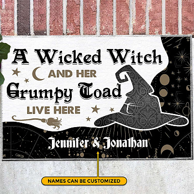Personalized Name A Wicked Witch And Her Grumpy Toad Live Here Indoor Outdoor Decorative Doormat - Funny Doormat