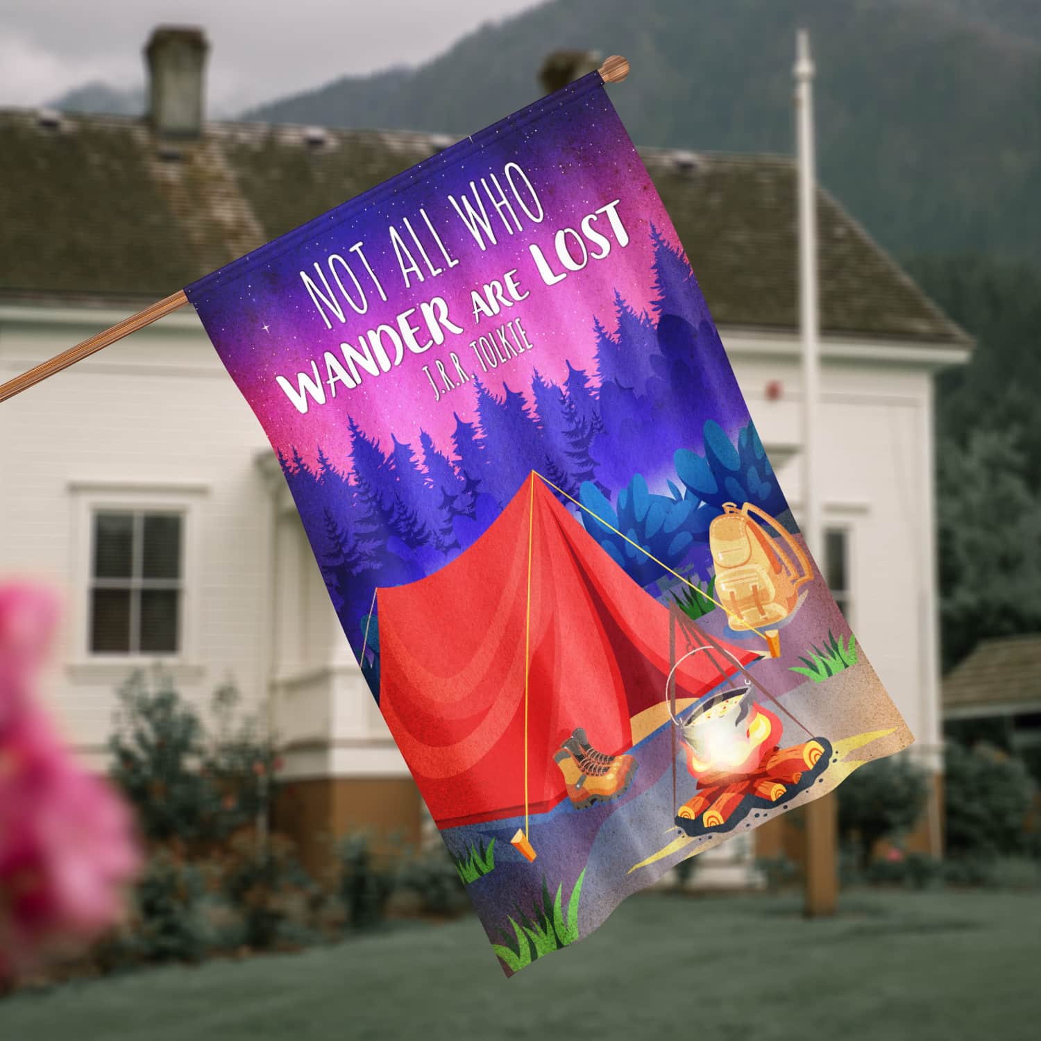 3KNG. Wander Lost 30x40 House Flag Mockup 4