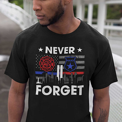 Alternative view of 911 Never Forget Policeman Law Enforcement Firefighter T-Shirt - 9/11/2001 20th Anniversary V-Neck Tee