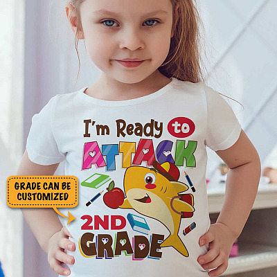 Alternative view of Personalized Name I'm Ready to Attack Cute Shark T-Shirt - Funny Back to School Youth Tee