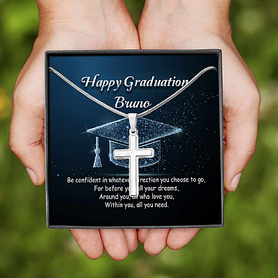 Alternative view of Personalized Name Happy Graduation Be Confident In Whatever Direction Cross Pendant Necklace