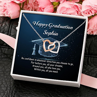 Alternative view of Personalized Name Happy Graduation Be Confident In Whatever Direction Interlocking Hearts Pendant Necklace