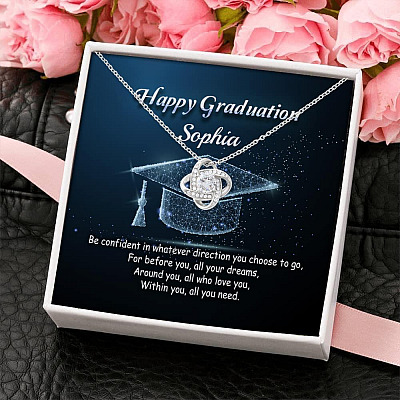 Alternative view of Personalized Name Happy Graduation Be Confident In Whatever Direction You Choose Love Knot Pendant Necklace